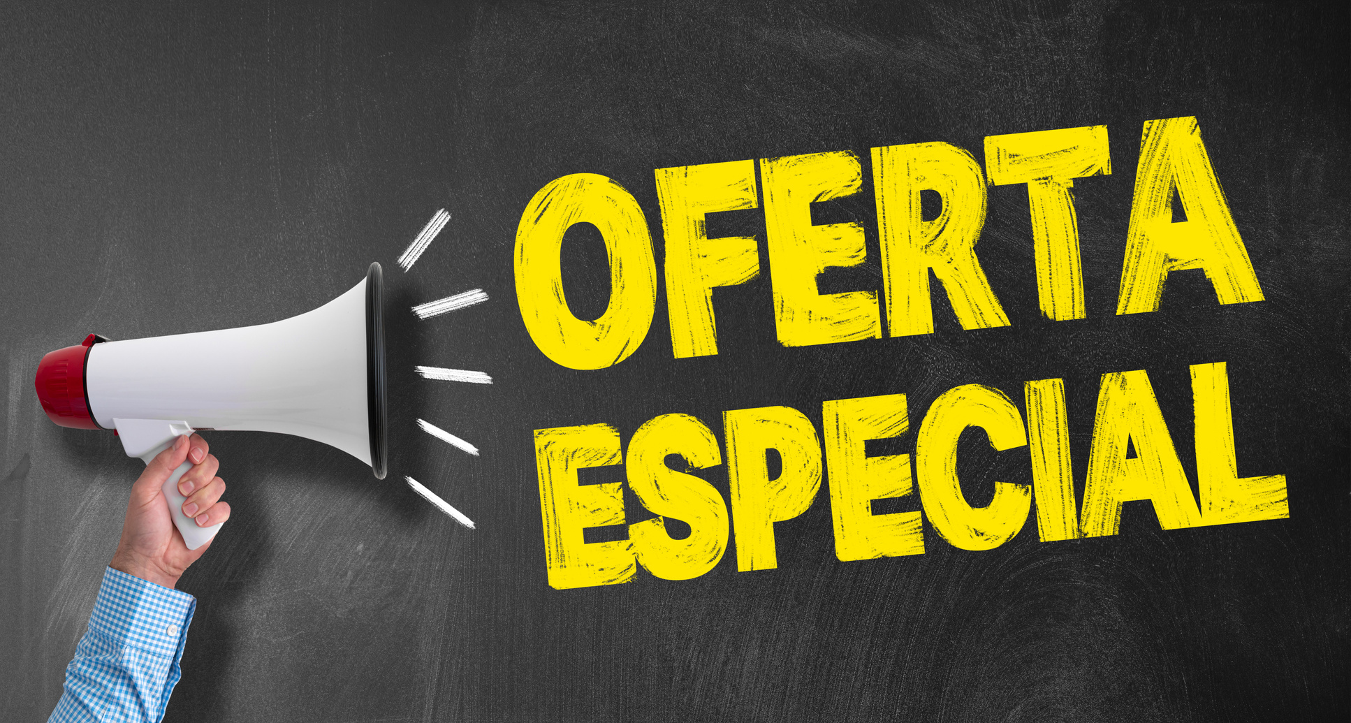 megaphone or bullhorn against blackboard with text OFERTA ESPECIAL, Spanish for SPECIAL OFFER